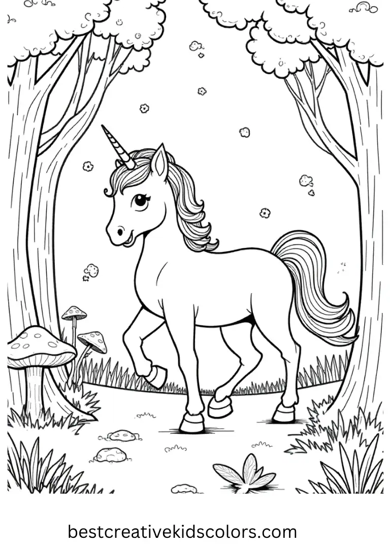 A unicorn wanders through a magical forest filled with glowing mushrooms and fairies — a fun, simple-to-color unicorn sheet.