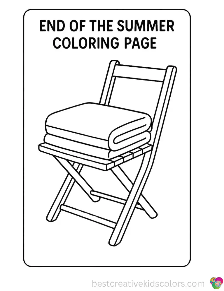 End of the summer coloring pages shows a folded beach towel resting on a wooden chair.