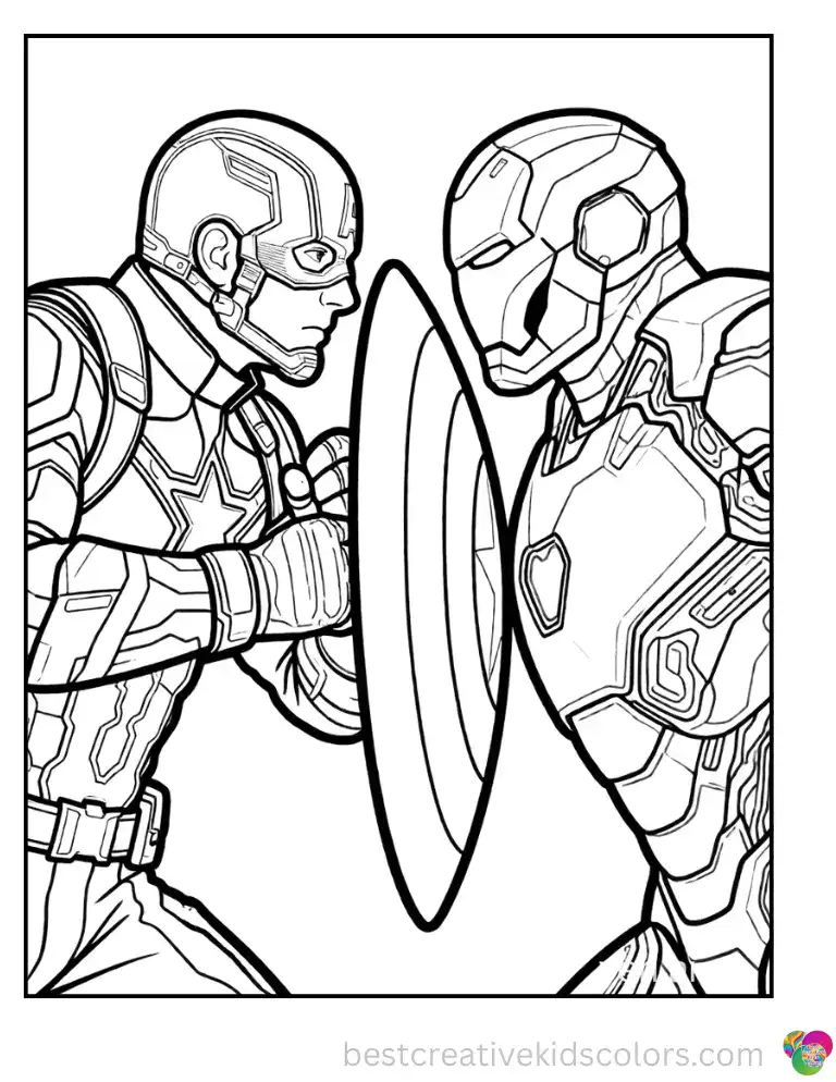 Captain America grips his shield tightly, facing Iron Man in an intense showdown from Civil War.
