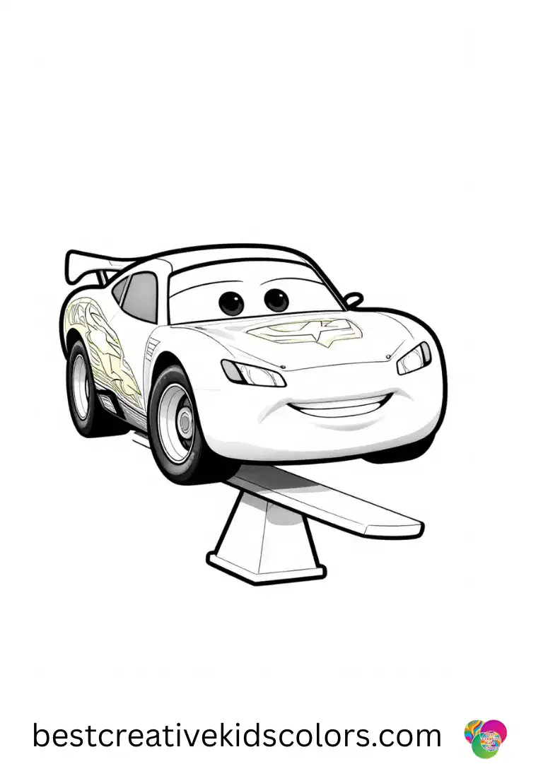 Fabulous Lightning McQueen Coloring Page shows him balancing on a seesaw in a playground scene.