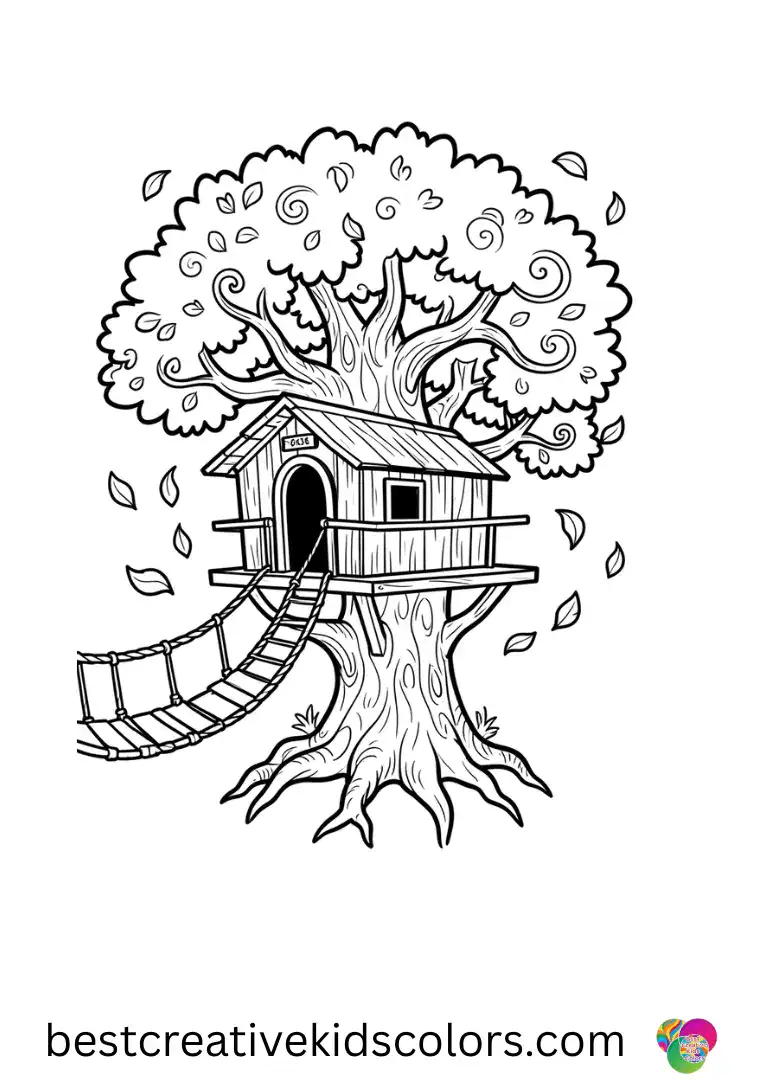 Fall Coloring pages for adults features an elegant treehouse surrounded by swirling leaves.
