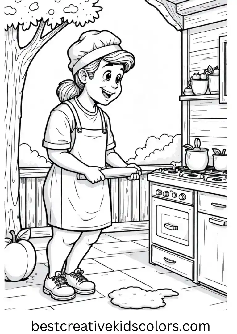 A baker rolls dough on a sunlit porch while Fall apple pie coloring page pdf captures the warm kitchen scene.