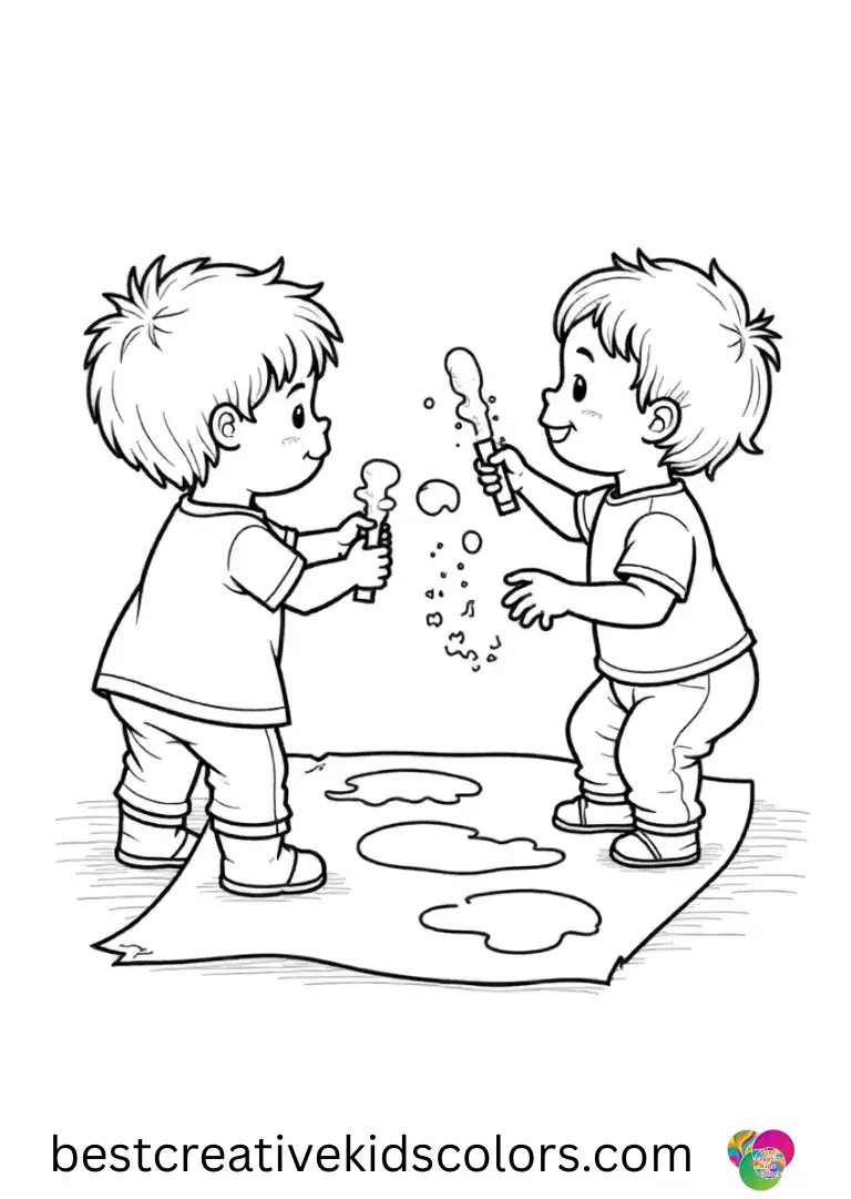 Fall coloring pages Preschool shows toddlers stamping paint shapes on a large sheet of paper.