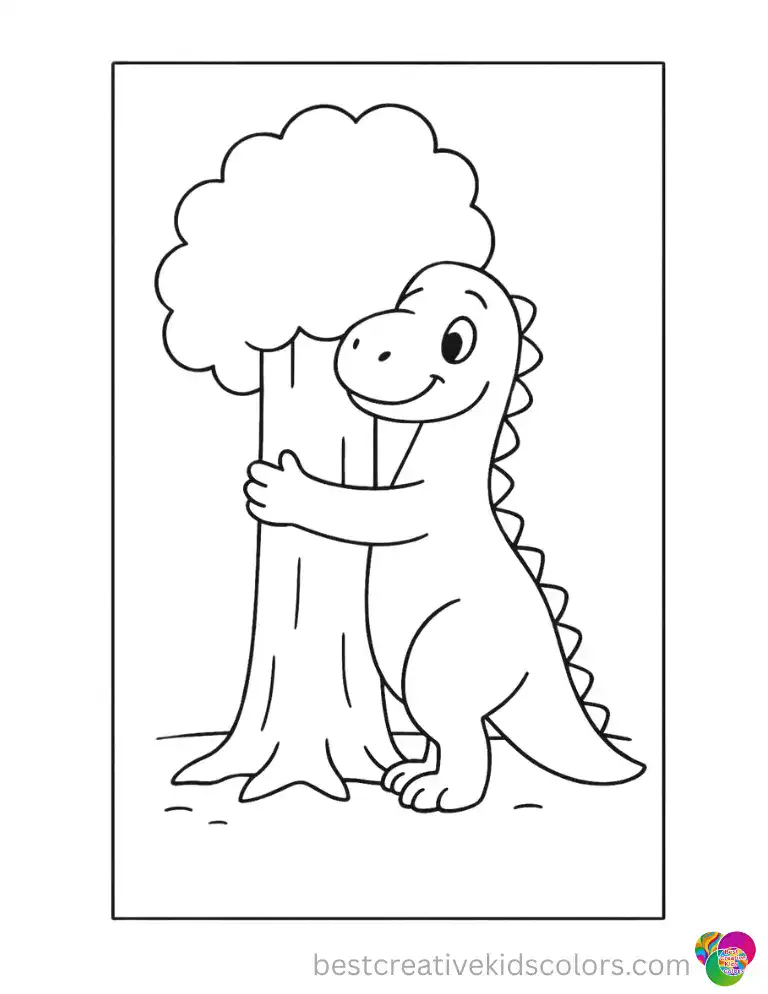 A gentle dinosaur wraps its arms around a thick tree trunk in a warm hug.
