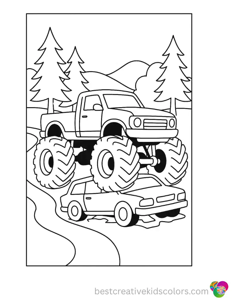 Forest Trail Monster Truck Printable Page with a Crushing Truck Design