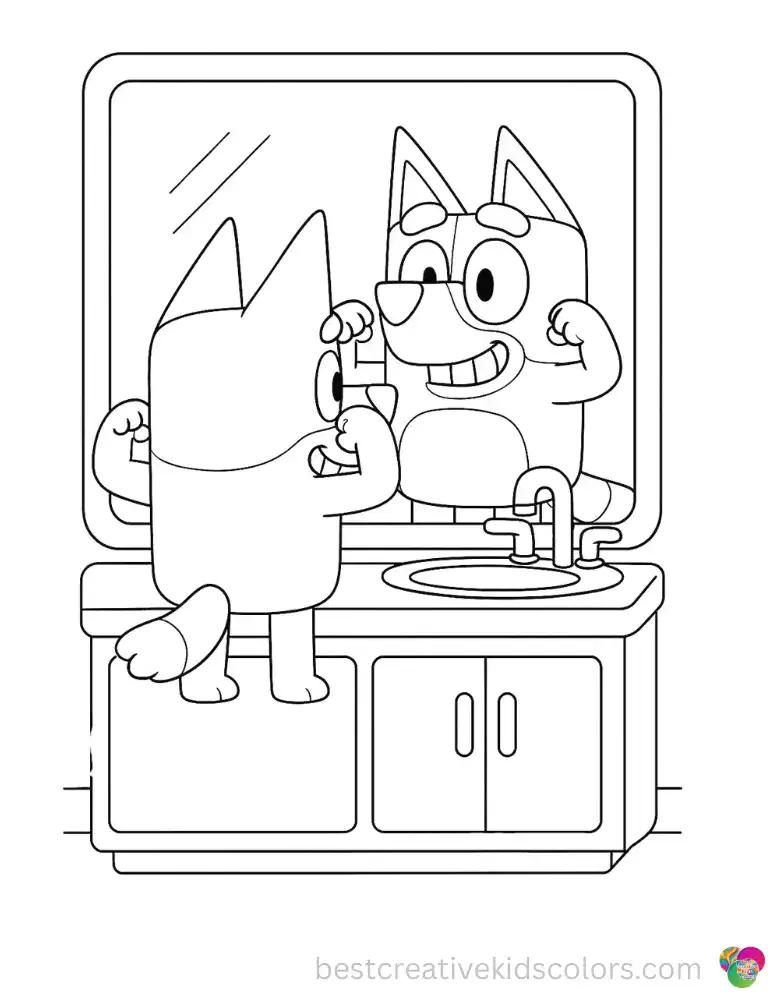 Bluey flexes her muscles and grins at her reflection in the big bathroom mirror.