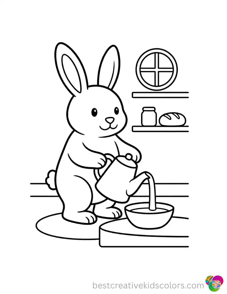 A sweet rabbit pours fresh, cold milk into a small bowl. Simple shapes keep the kitchen scene easy to color.