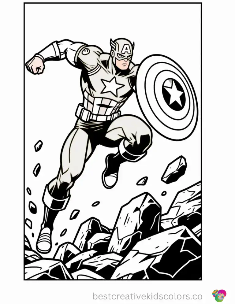 Captain America leaps powerfully over rocky debris, his iconic star shield gleaming on his arm.