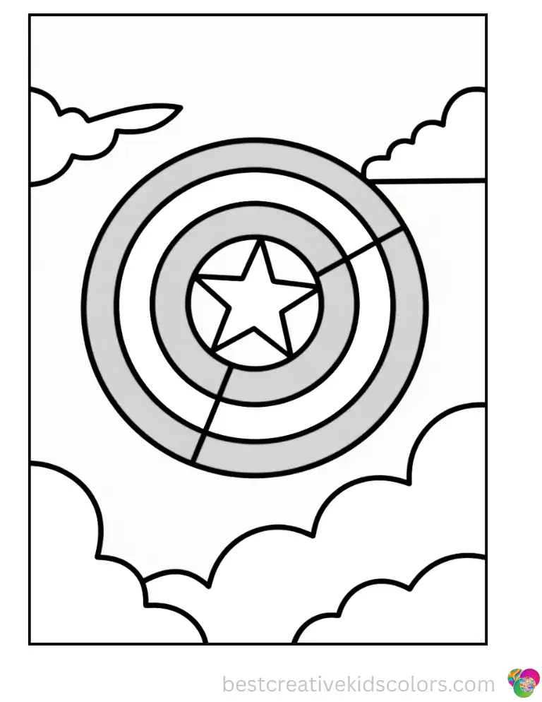 Captain America's iconic red and white star shield soars powerfully through the bright blue clouds.