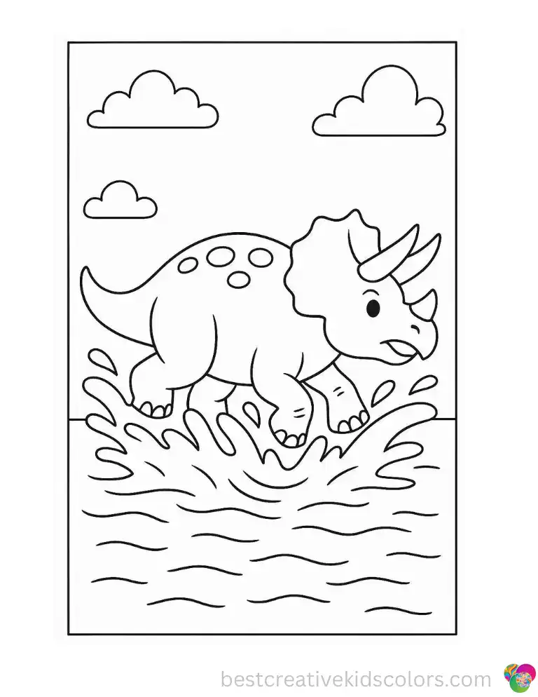 A heavy dinosaur charges into a fast-moving river, sending up huge splashes.