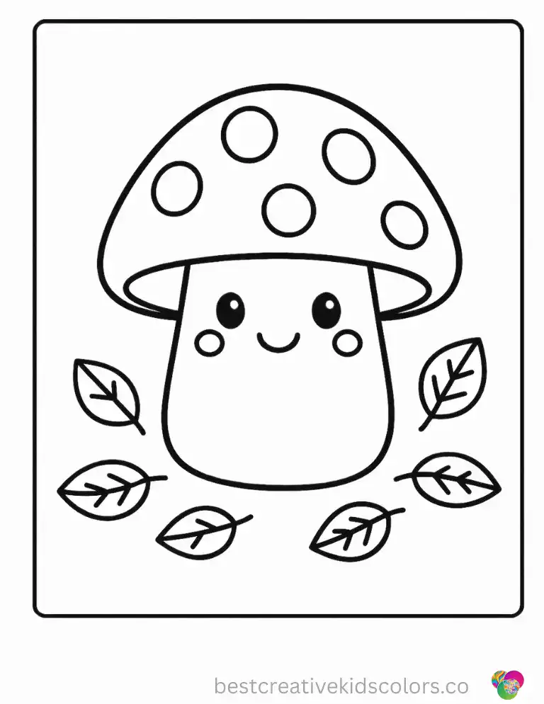 Free Cute Mushroom Coloring Sheet for Kids features a smiling mushroom standing among scattered leaves.