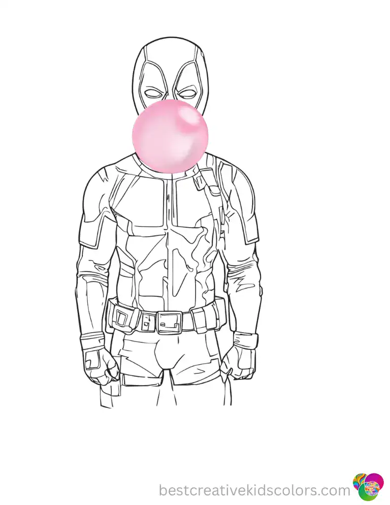 Deadpool blows a huge pink bubblegum bubble.