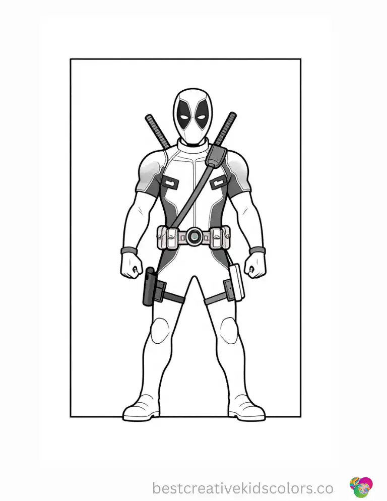Deadpool paints a silly self-portrait on a large white canvas.