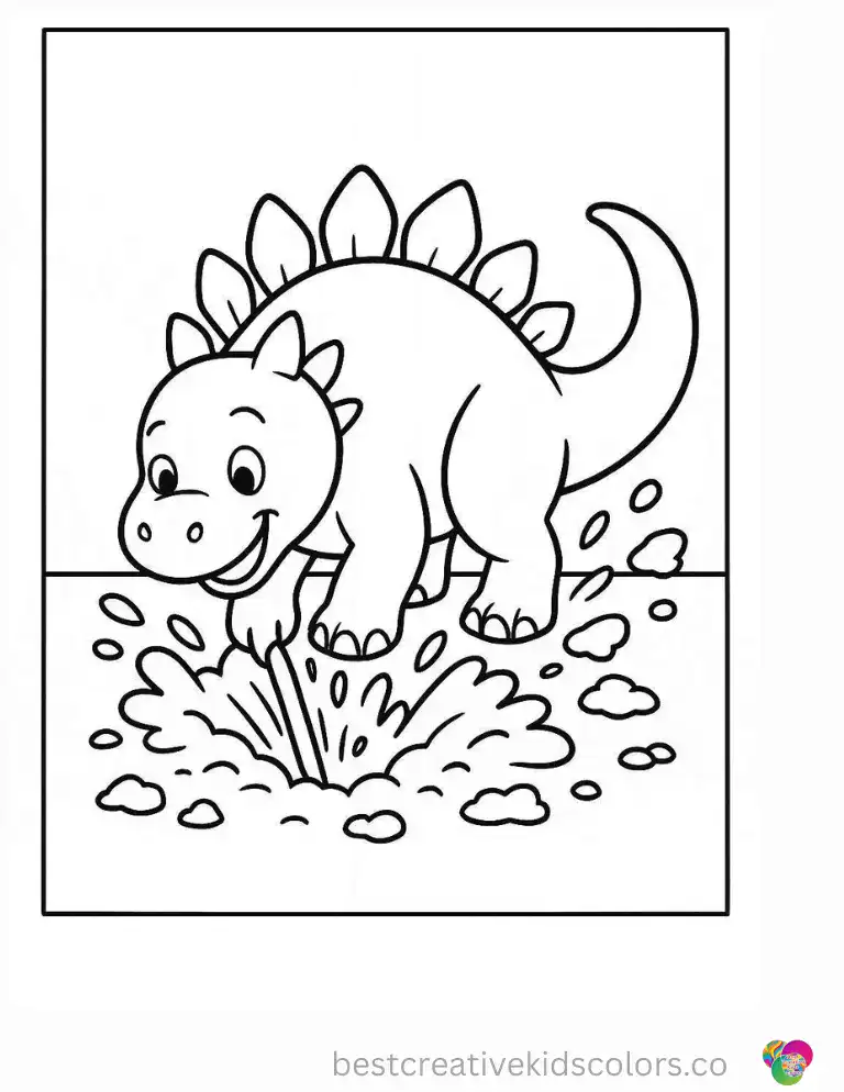 A spiky dinosaur digs a deep hole in the soft soil, kicking dirt in every direction.