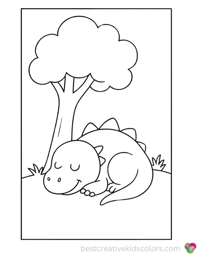 A green dinosaur curls up and sleeps deeply in the shade of a tall tree.