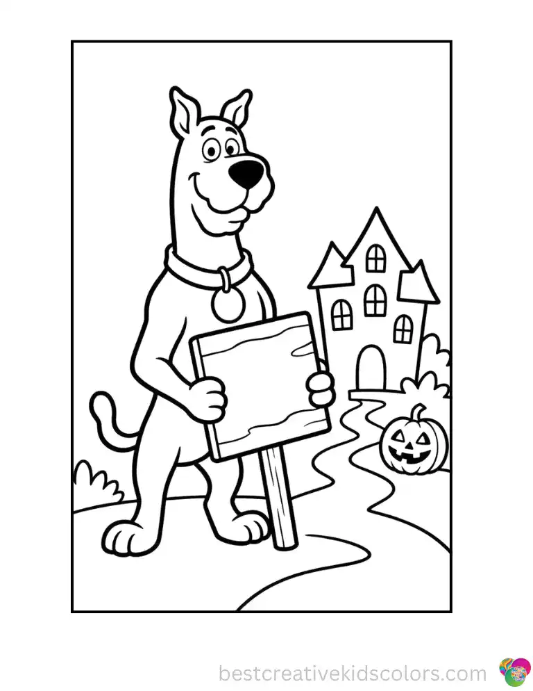 Scooby holds up a wooden sign pointing toward a spooky haunted house this Halloween night.