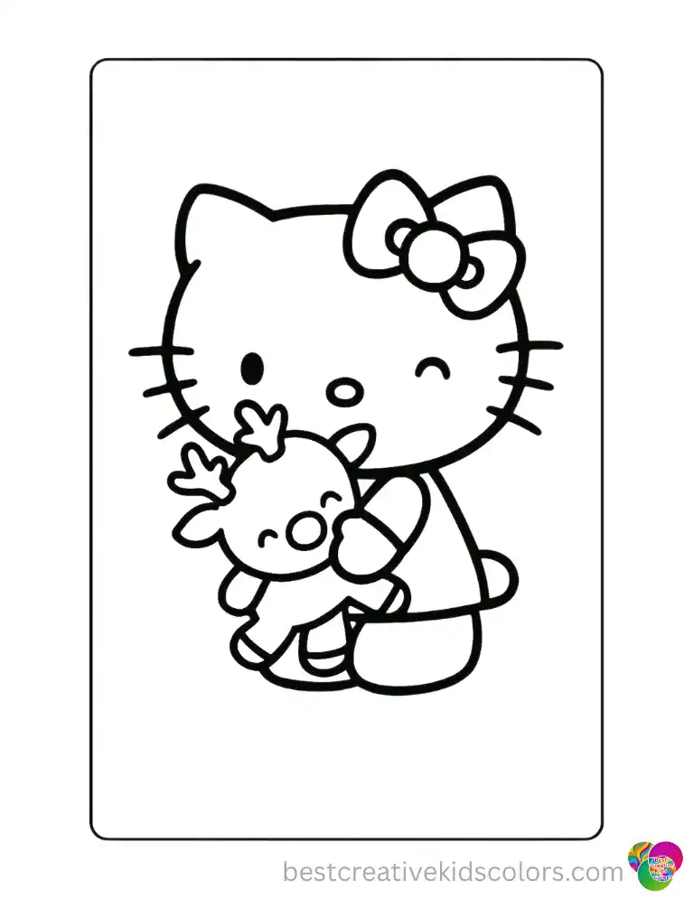 Hello Kitty squeezes a soft plush reindeer toy with a bright red nose tightly in a warm Christmas hug. Download this adorable holiday page as a free printable PDF and bring it to life with your favourite colors.