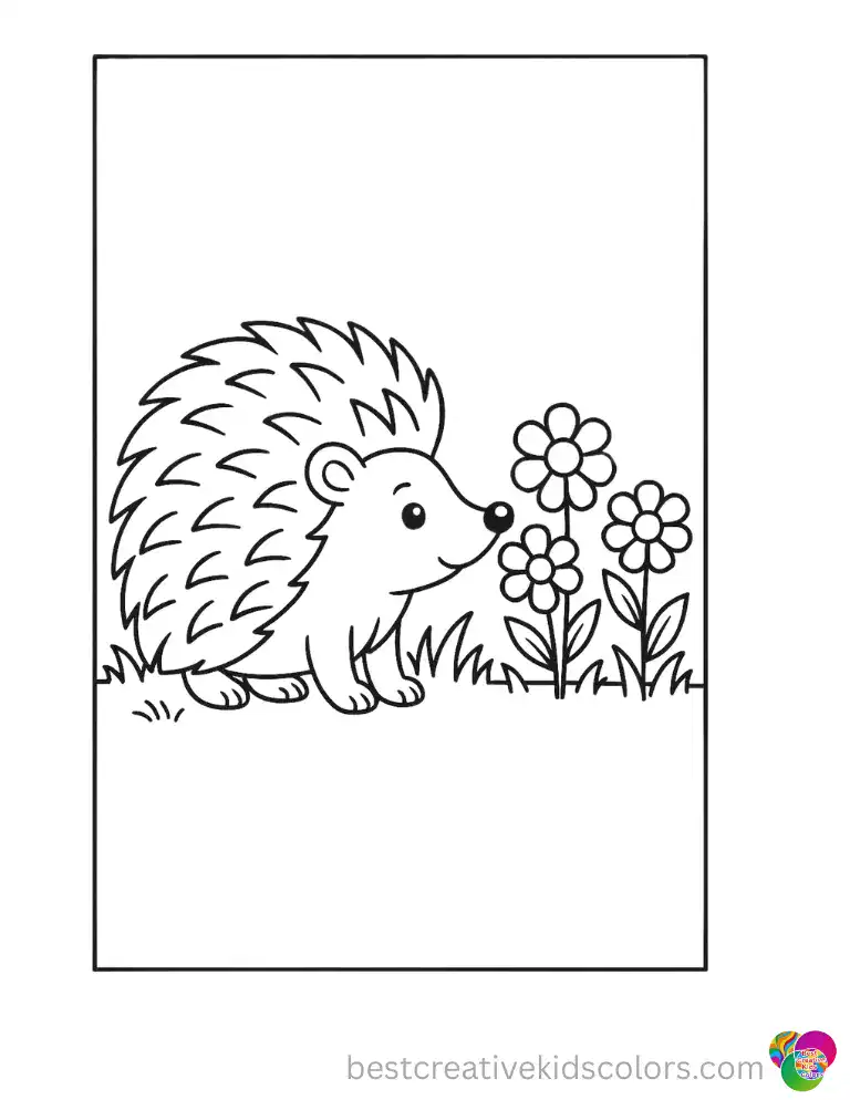Free Jade Summer Coloring Pages shows a hedgehog sniffing a row of wildflowers in the grass.