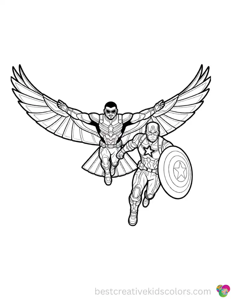 Falcon spreads his powerful mechanical wings wide, soaring alongside Captain America on a mission.