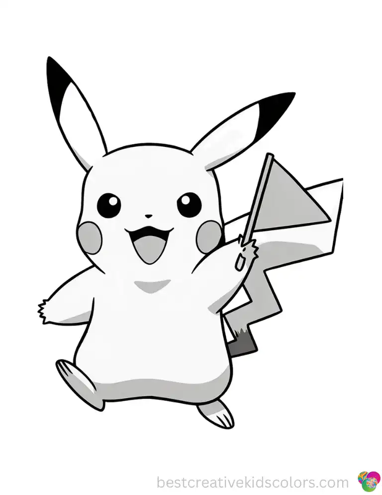 Pikachu waves a triangular flag mid-stride — printed at high resolution, every line stays razor-clean at any size.