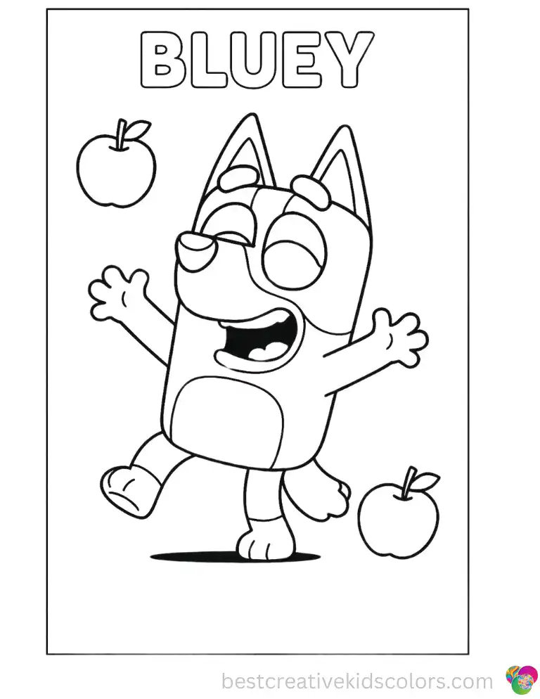 Bluey attempts to juggle two apples and drops them both, dissolving into helpless giggles.