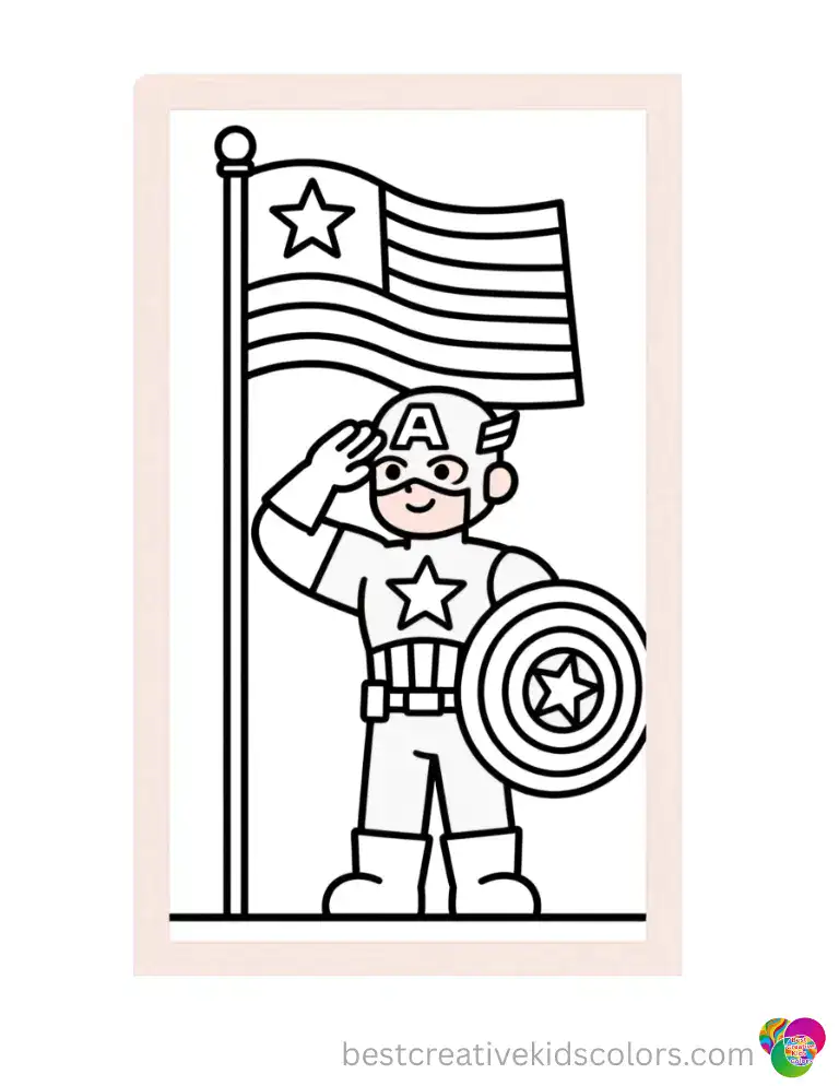 Captain America salutes proudly in front of a tall flagpole.