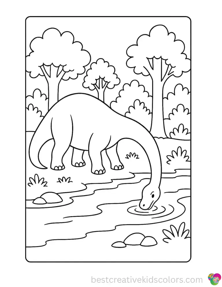 A long-necked dinosaur bends down to drink from a clear forest stream.