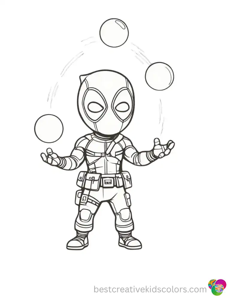  Deadpool skillfully juggles three round bouncy balls.