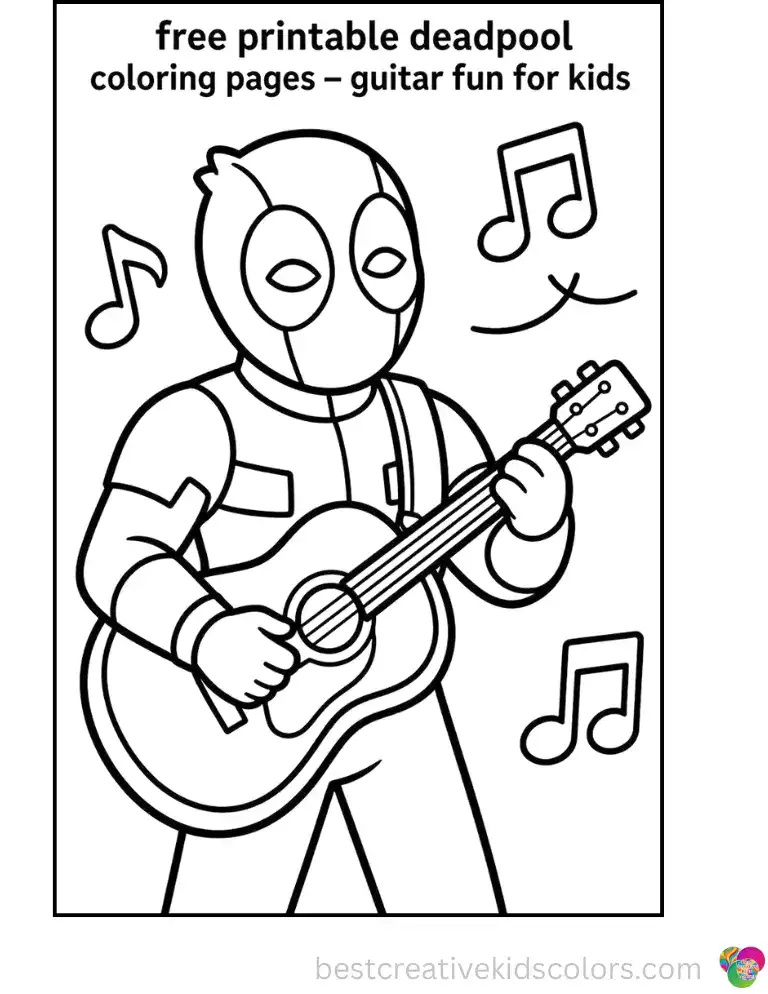 Deadpool strums a happy tune on a wooden acoustic guitar.