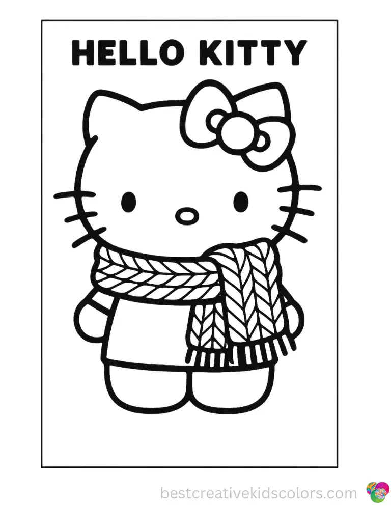 Hello Kitty wraps a thick cozy knitted scarf snugly around her neck, ready for a crisp winter Christmas morning. Download this page as a free high-quality PDF and print it at home today.