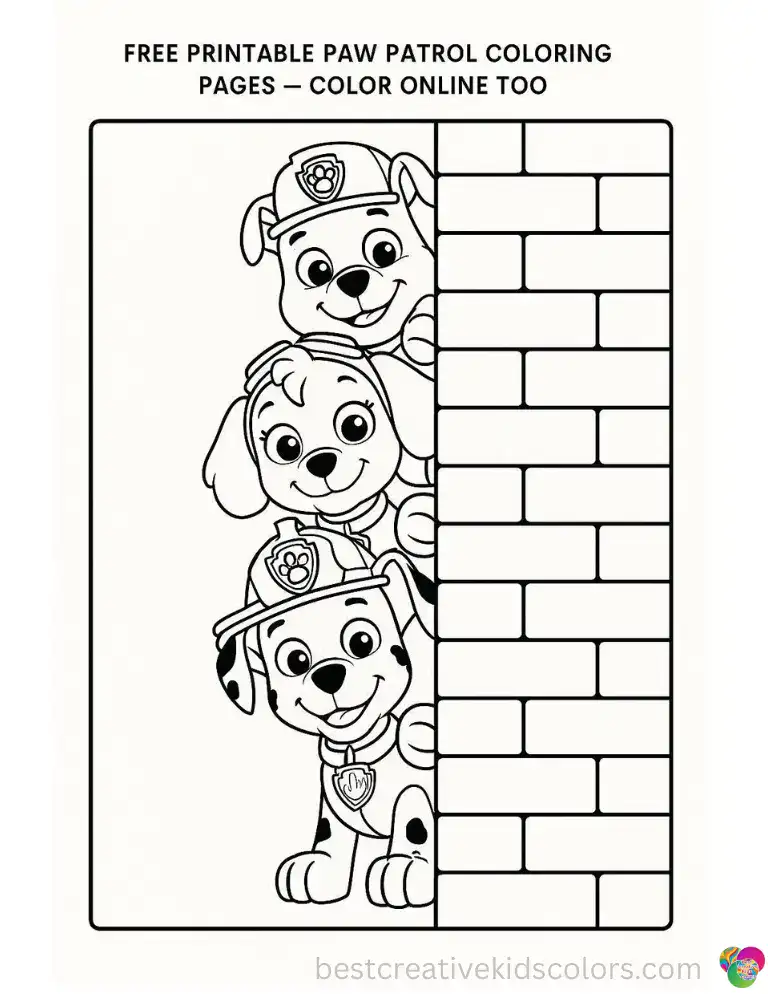 The Paw Patrol pups peek playfully from behind a tall brick wall with wide curious eyes.
