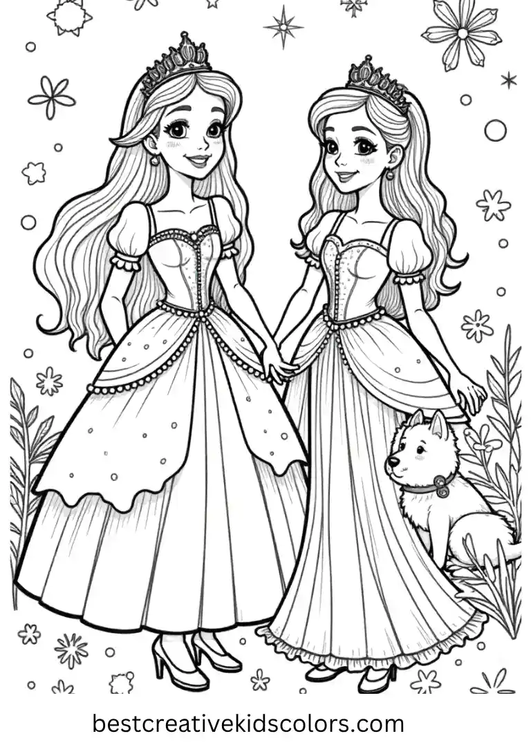 Decorate sparkling crowns, elegant gowns, and royal pets with bright colors.