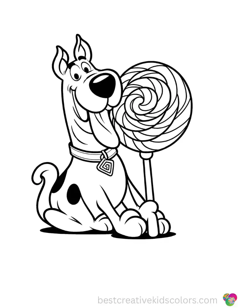 A cheerful Scooby happily licks a giant swirling candy lollipop, perfect for sweet Halloween treats.