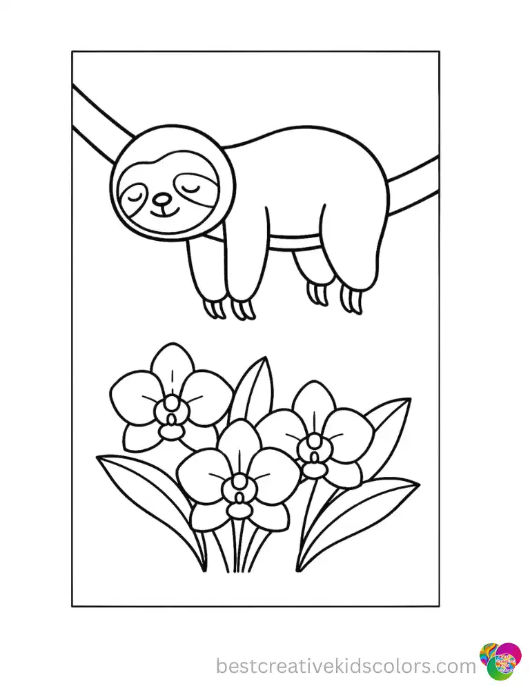 A sleepy sloth clings to a thick jungle vine above a bed of wild orchids. Print this page free or start coloring right now with Color Online.