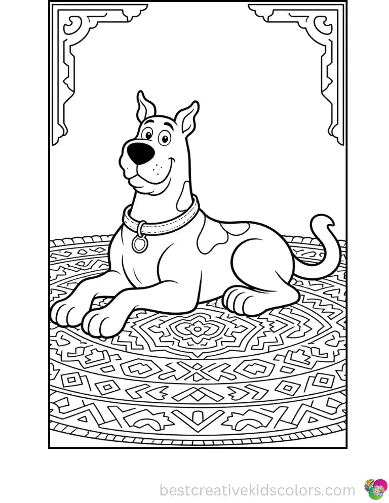 Scooby rests gracefully on an intricately patterned woven rug, perfect for relaxing detailed coloring.