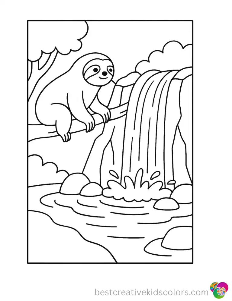 A sloth watches a rushing waterfall crash into a rocky pool just below its branch. Save this page free and start coloring the falls today.