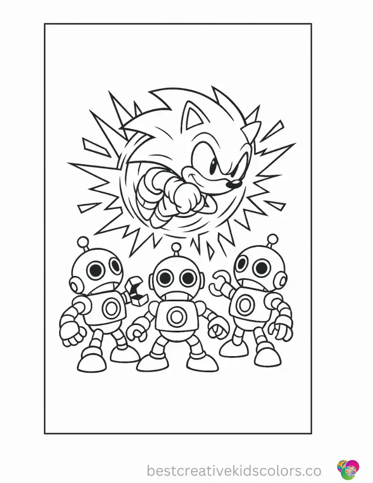 This page catches Sonic mid spin-attack, smashing through a line of Eggman's robots.
