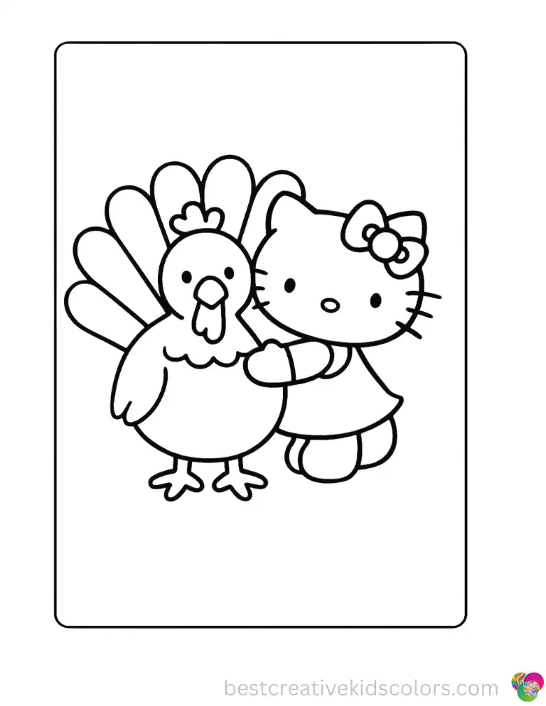 A big fluffy turkey gets the warmest hug from Hello Kitty on Thanksgiving morning. Grab the free PDF and color away.