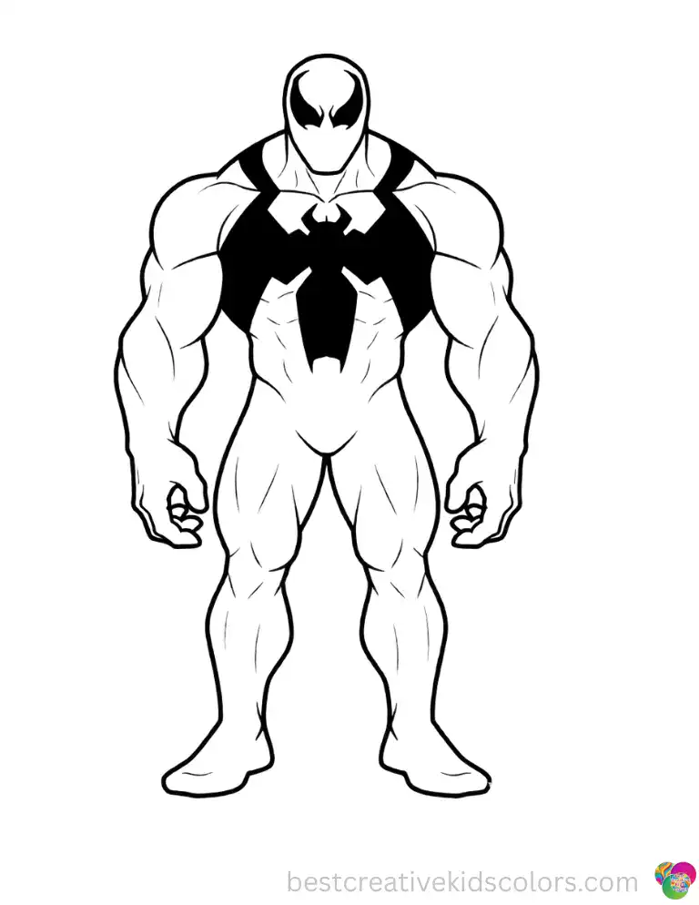 Venom stands calm and still, looking straight ahead on a clean, open page ready for color.