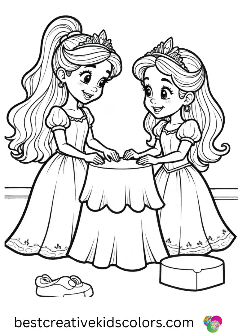Free coloring for girls depicts princesses arranging foam shapes into pictures.