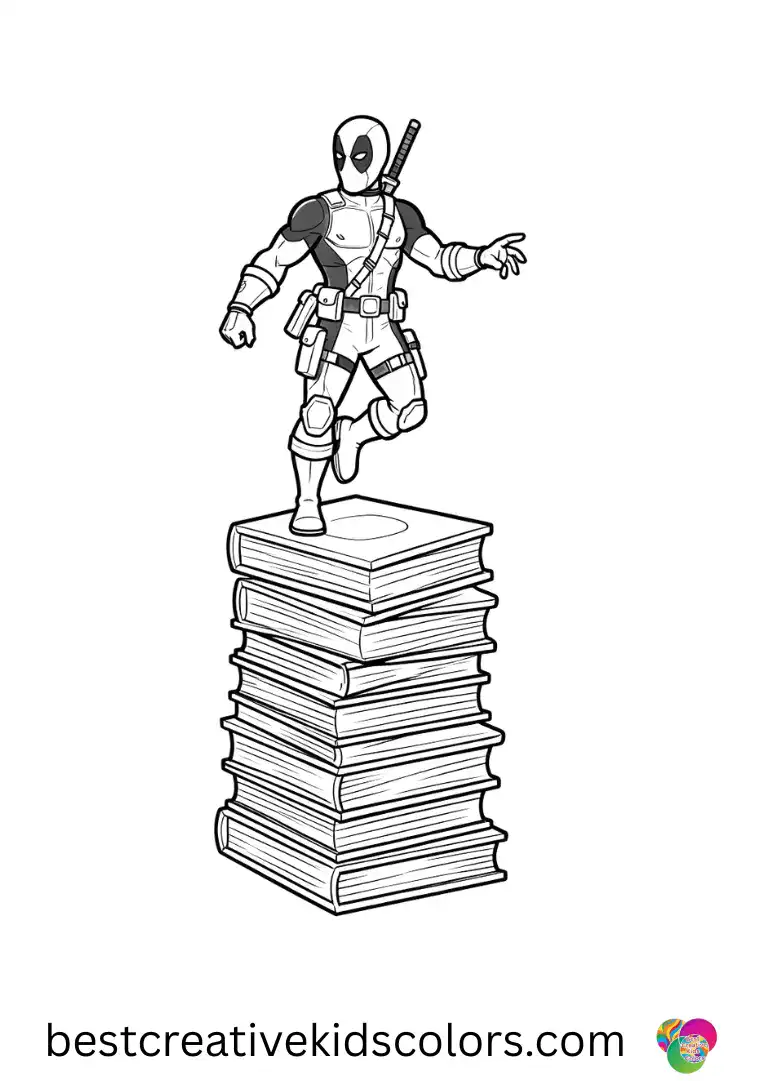Free deadpool coloring pages funny show Deadpool balancing on a stack of comic books.