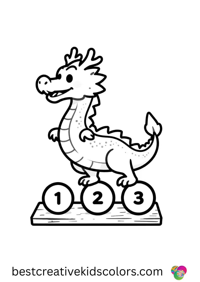 A dragon balances colorful buttons along a narrow wooden plank in Free dragon coloring pages.
