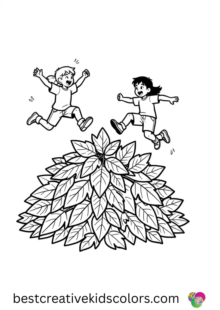 Free fall coloring pages PDF shows children jumping into a pile of colorful autumn leaves.