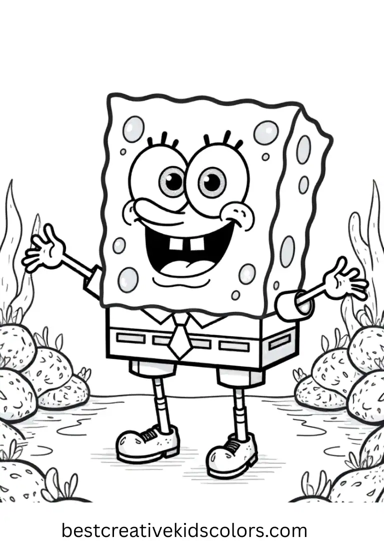 Free printable full-size SpongeBob coloring pages provide large character scenes ideal for detailed coloring, classroom use, or display projects.