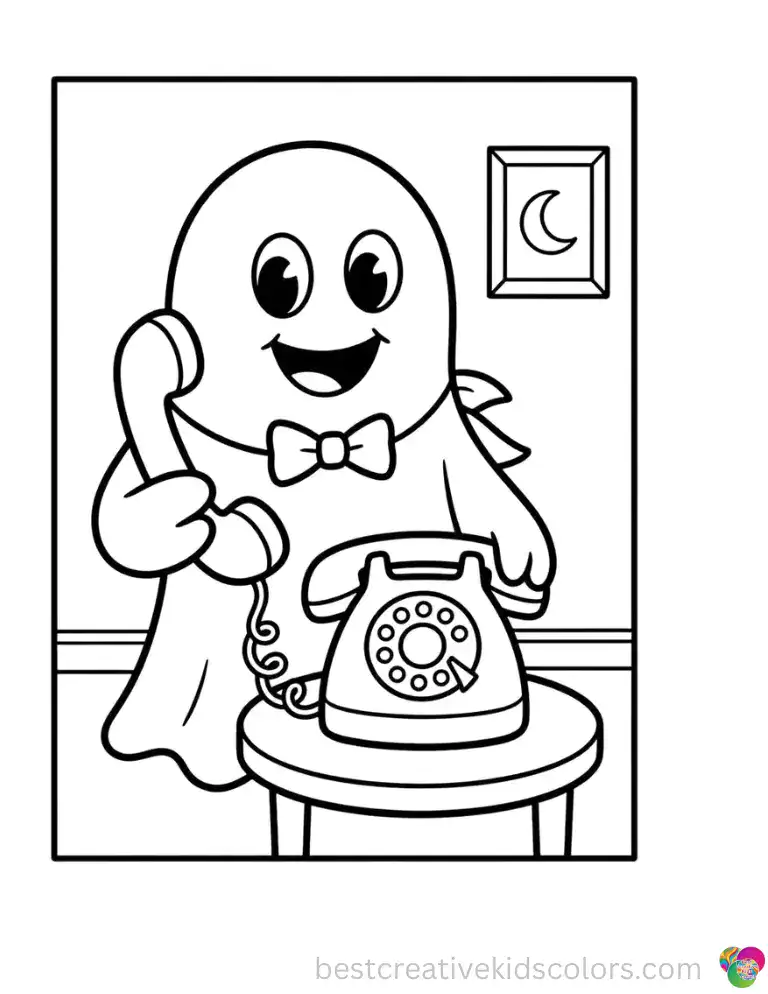 A friendly cartoon ghost dials an old rotary telephone in this fun Scooby Doo Halloween coloring page.