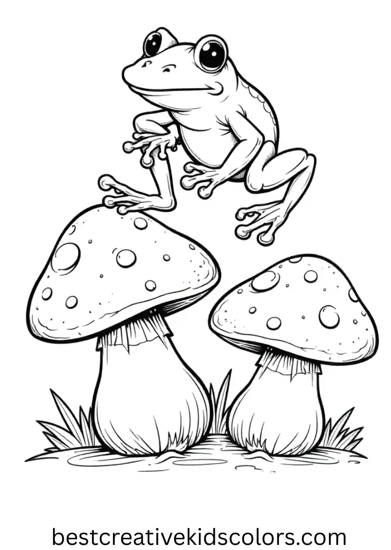 Frog and mushroom coloring page pdf shows a frog leaping across two mushrooms.