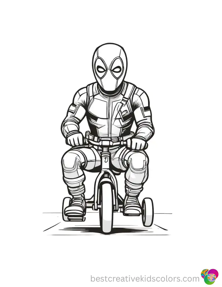 Deadpool rides a tiny tricycle down a smooth sidewalk.