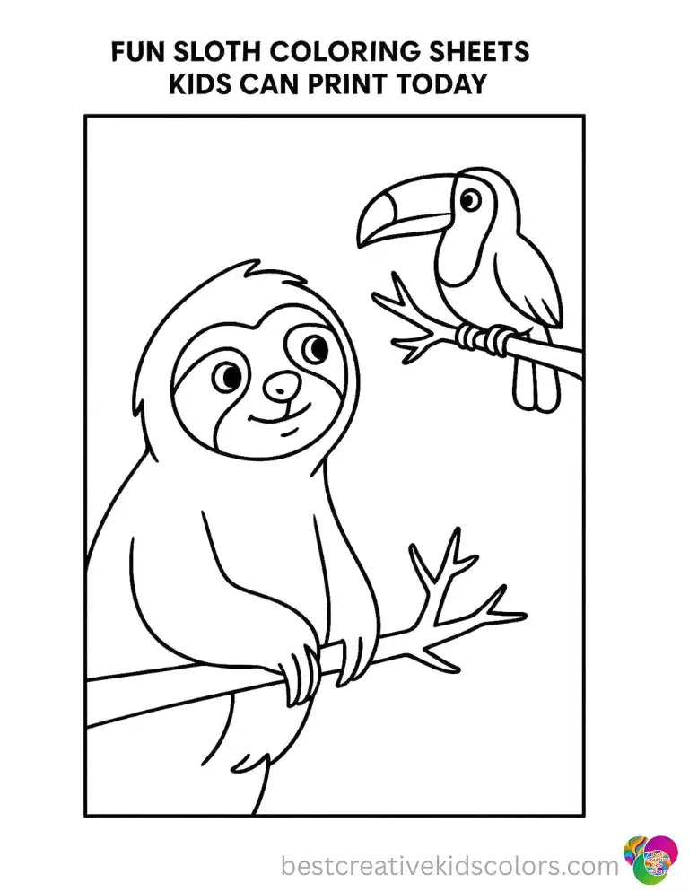 A curious sloth turns its head toward a toucan perched close by on a bare branch. Print these sheets free and color every detail at home today.