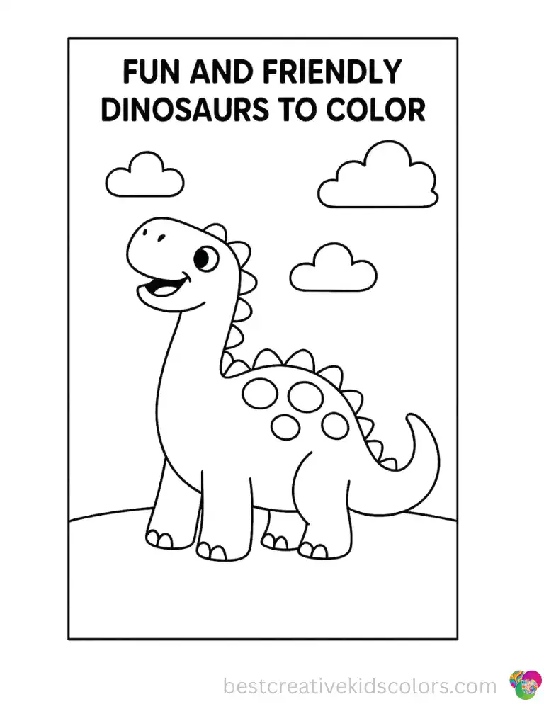 A cheerful dinosaur looks up at the passing clouds with a wide, happy smile.