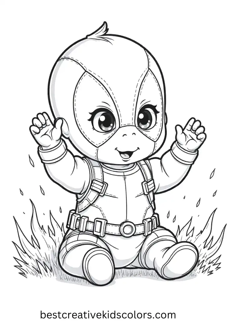 Bring to life baby Deadpool surrounded by plush Avengers, showing his playful mischief.